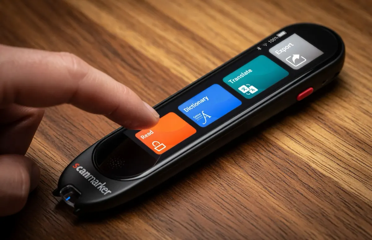 A standalone scanner pen held over a printed page — the form factor shared by a $79 USB highlighter and a $449 exam reader