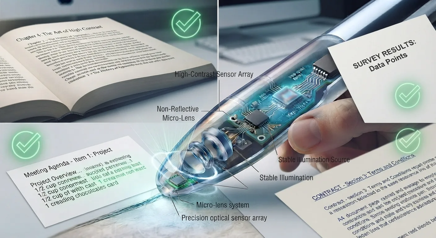 Cutaway diagram of a pen scanner’s high-contrast sensor and illumination system