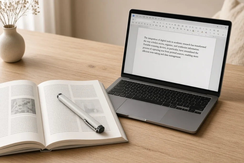 OCR pen scanner scanning text directly from a bound book into a laptop word processor