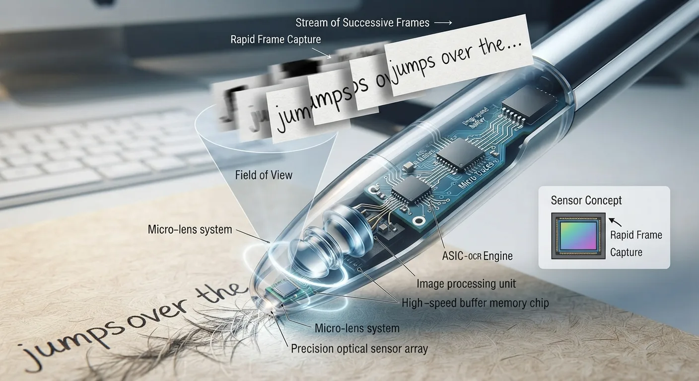 Cutaway diagram of a pen scanner capturing successive frames of text