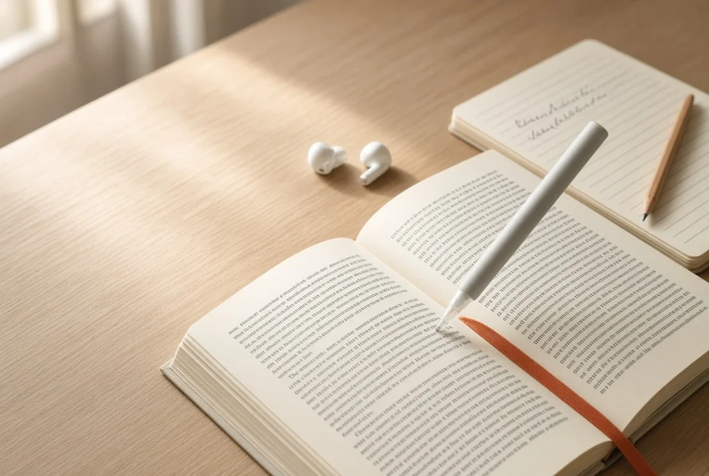 A pen scanner resting on an open book beside a pair of earbuds