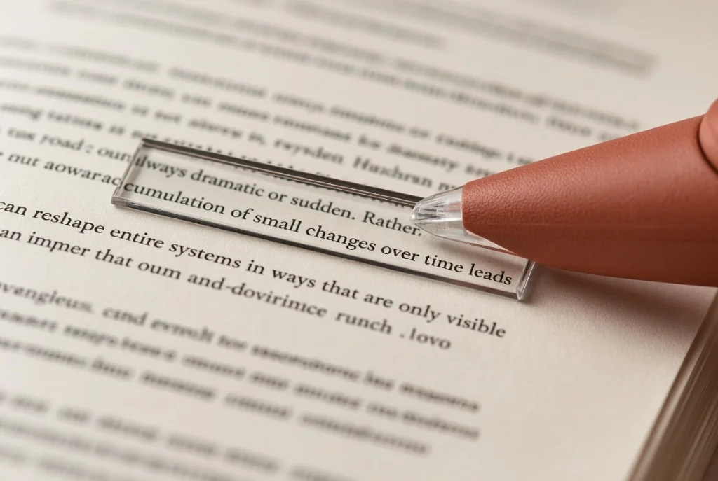 Macro view of an optical pen scanner scanning a line of printed text on a desk