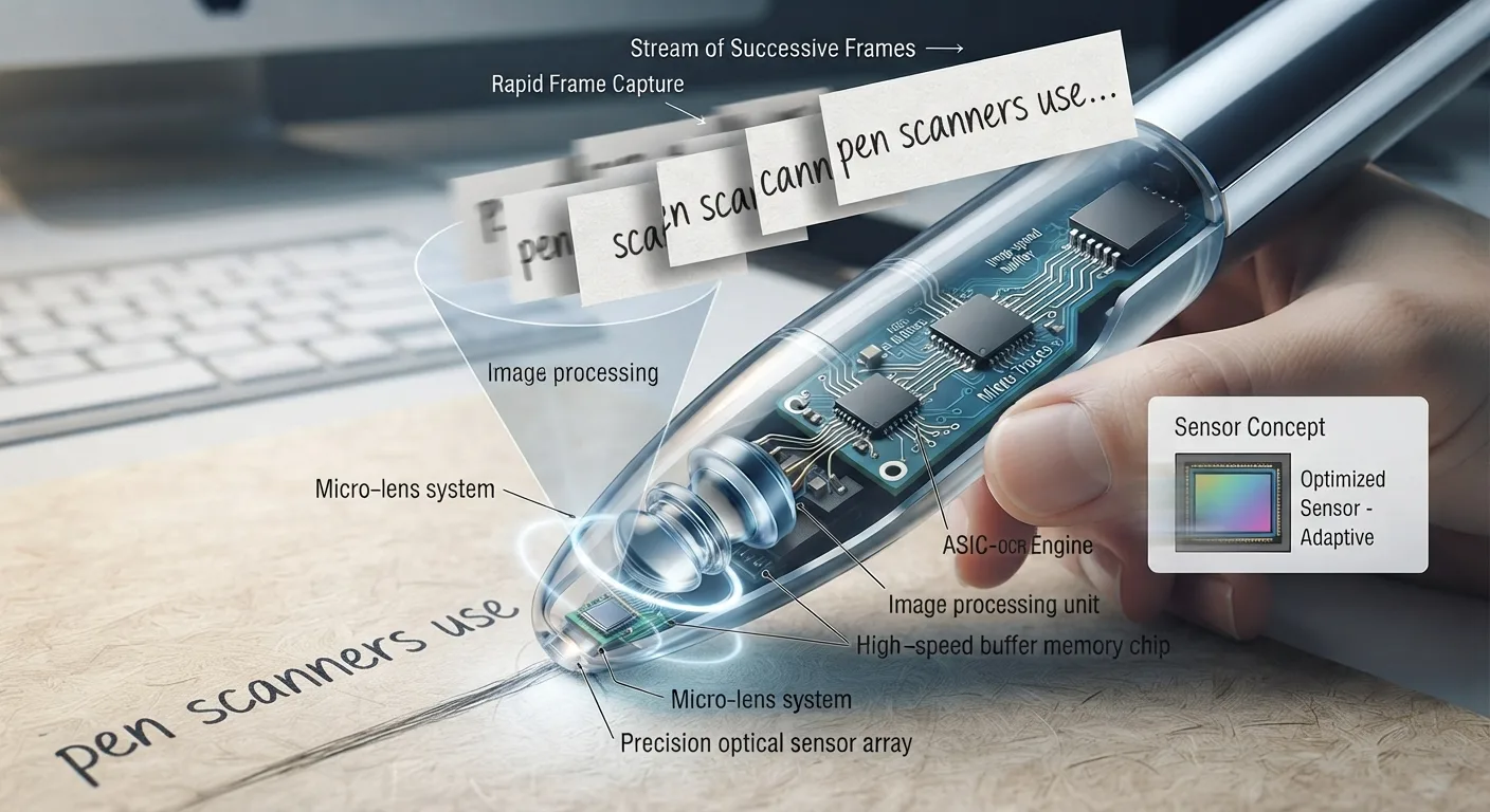 Cutaway diagram of a pen scanner’s micro-lens, sensor array, and OCR engine