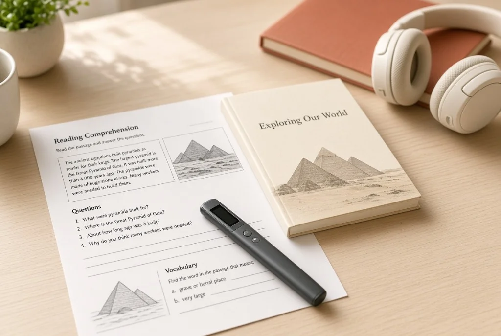 Assistive reading pen with headphones resting on a student comprehension worksheet