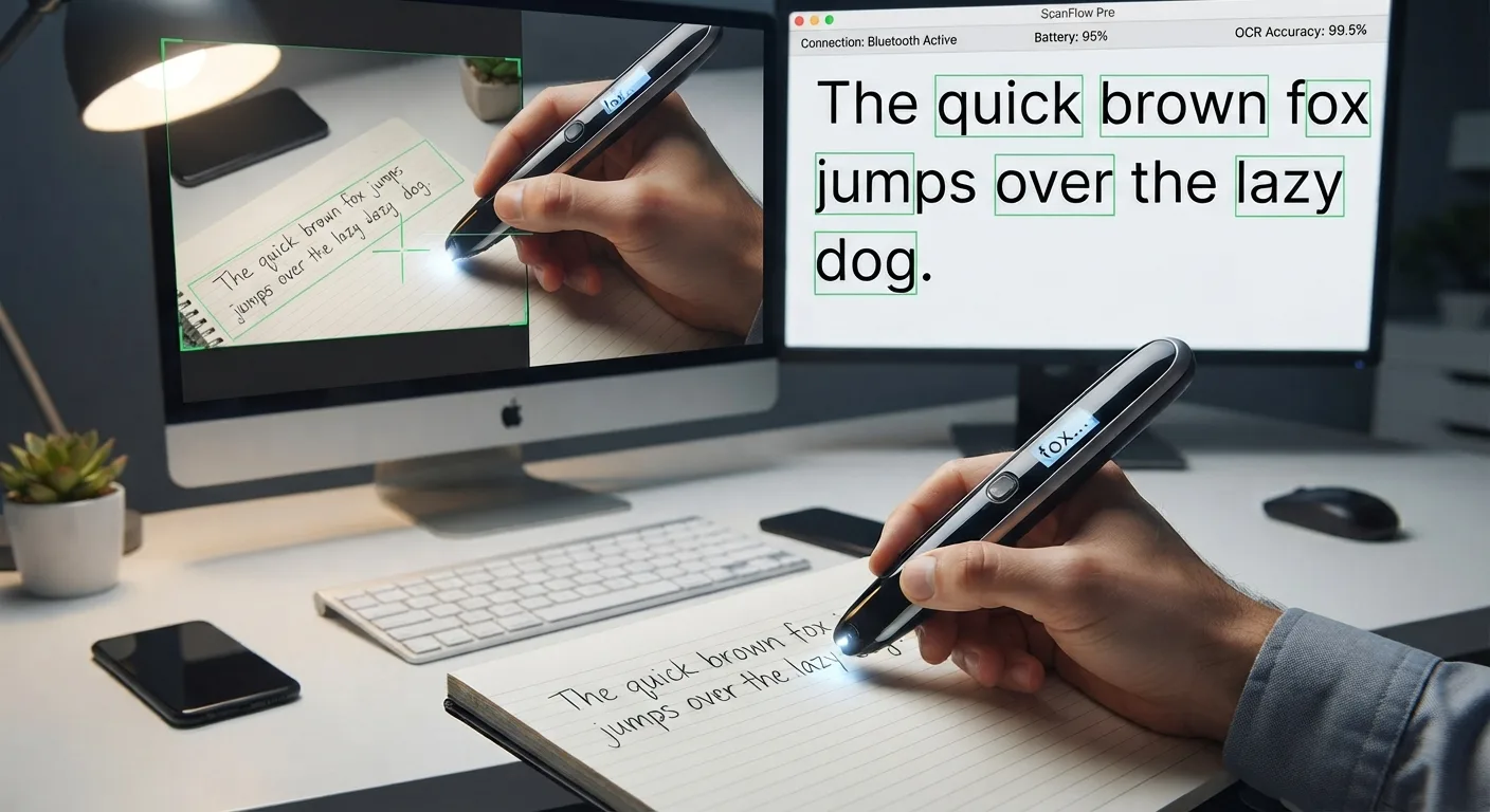 Pen scanner paired with a laptop app showing live OCR text