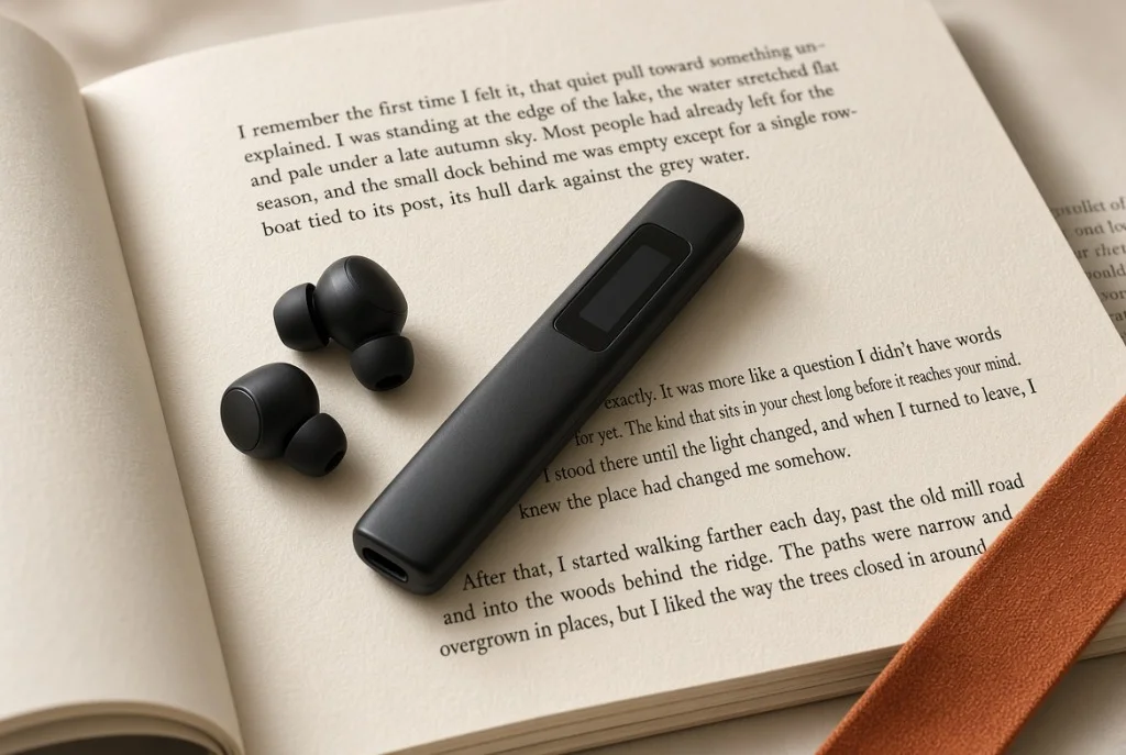 Standalone reading pen resting inside an open novel next to study notes